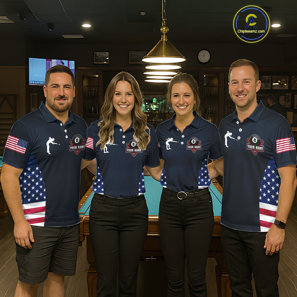 Custom US Flag 8 Ball Pool Billiard Shirt For Women, Billiard Team Jersey Polo & 1/4 Zip |Navy Blue TDM5478