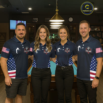 Custom US Flag 8 Ball Pool Billiard Shirt For Women, Billiard Team Jersey Polo & 1/4 Zip |Navy Blue TDM5478