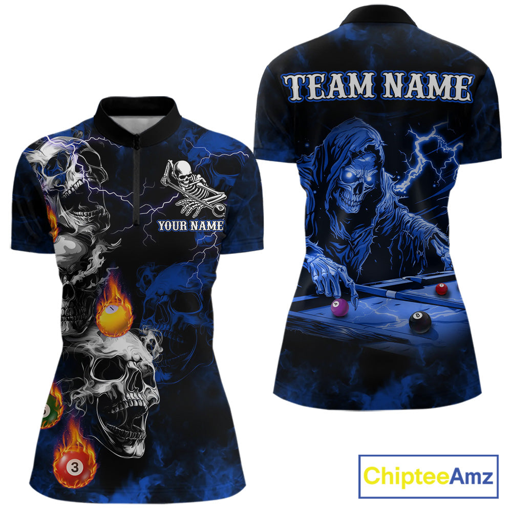 Personalized Smoke Skull Blue Billiard Shirts For Women, Grim Reaper Pool Jersey Team Polo & 1/4 Zip TDM5934