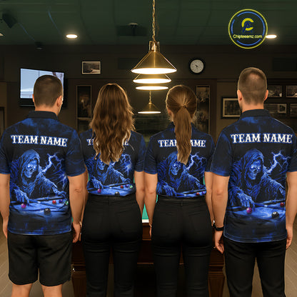 Personalized Smoke Skull Blue Billiard Shirts For Men, Grim Reaper Pool Jersey Team Polo & 1/4 Zip TDM5934