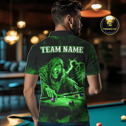Personalized Smoke Skull Green Billiard Shirts For Men, Grim Reaper Pool Jersey Team Polo, 1/4 Zip TDM5935
