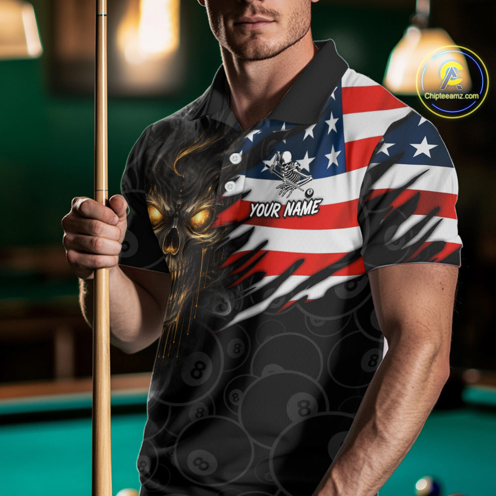 Billiard Skull 8 Ball Crown US Flag Polo & 1/4 Zip Pool Team Shirt For Men Custom Billiard Jersey TDM6353