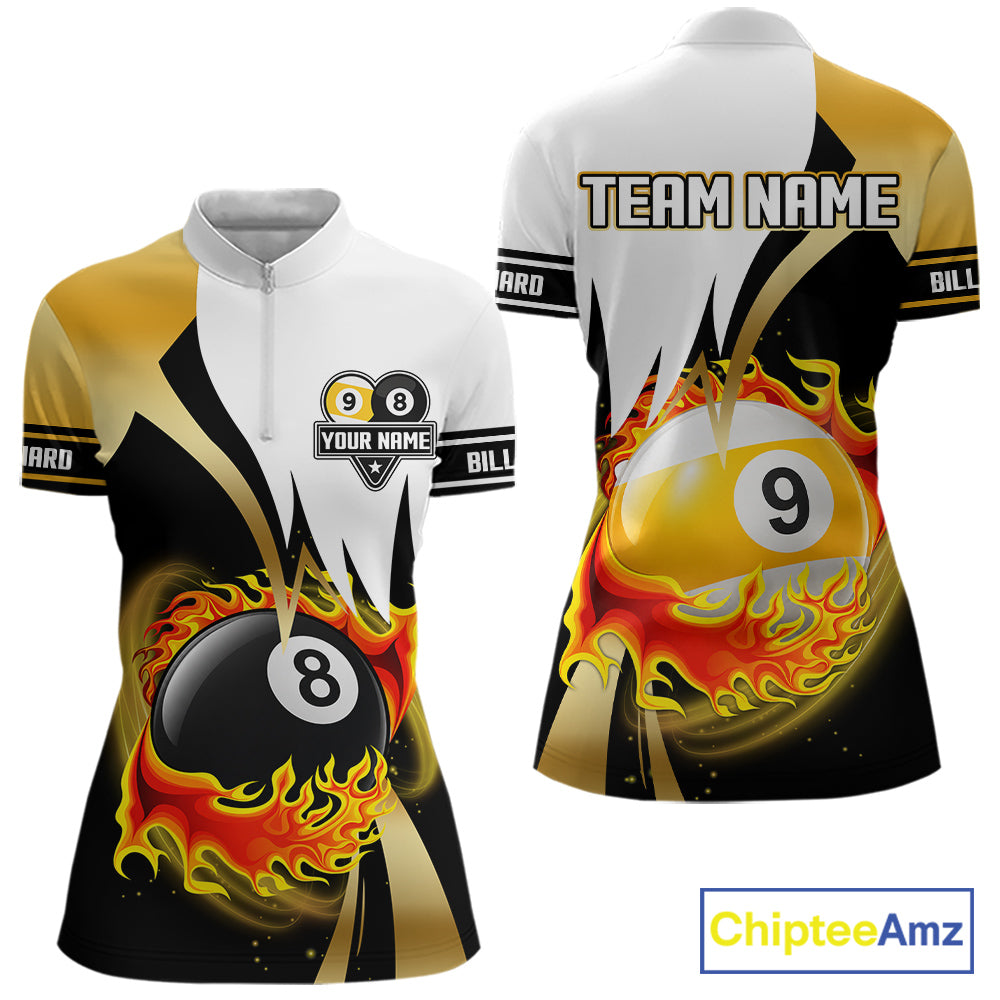 Custom Flame 8 Ball & 9 Ball Billiard Shirt For Women, Pool Team Jersey Polo & Quarter Zip |Gold TDM6539