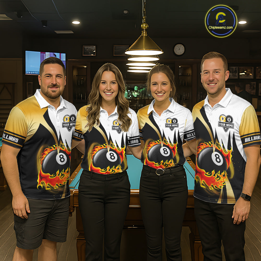 Custom Flame 8 Ball & 9 Ball Billiard Shirt For Men, Pool Team Jersey Polo & Quarter Zip |Gold TDM6539