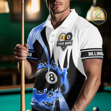 Load image into Gallery viewer, Custom Flame 8 Ball &amp; 9 Ball Billiard Shirt For Men, Pool Team Jersey Polo &amp; Quarter Zip |Blue TDM6540