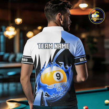 Custom Flame 8 Ball & 9 Ball Billiard Shirt For Men, Pool Team Jersey Polo & Quarter Zip |Blue TDM6540