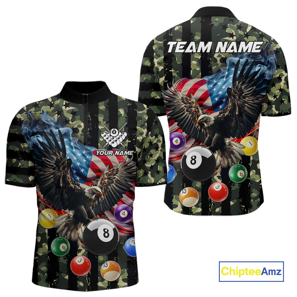 Green Camo American Flag Eagle 8 Ball Billiard Shirt For Men Custom Patriotic Pool Team Jerseys TDM4810