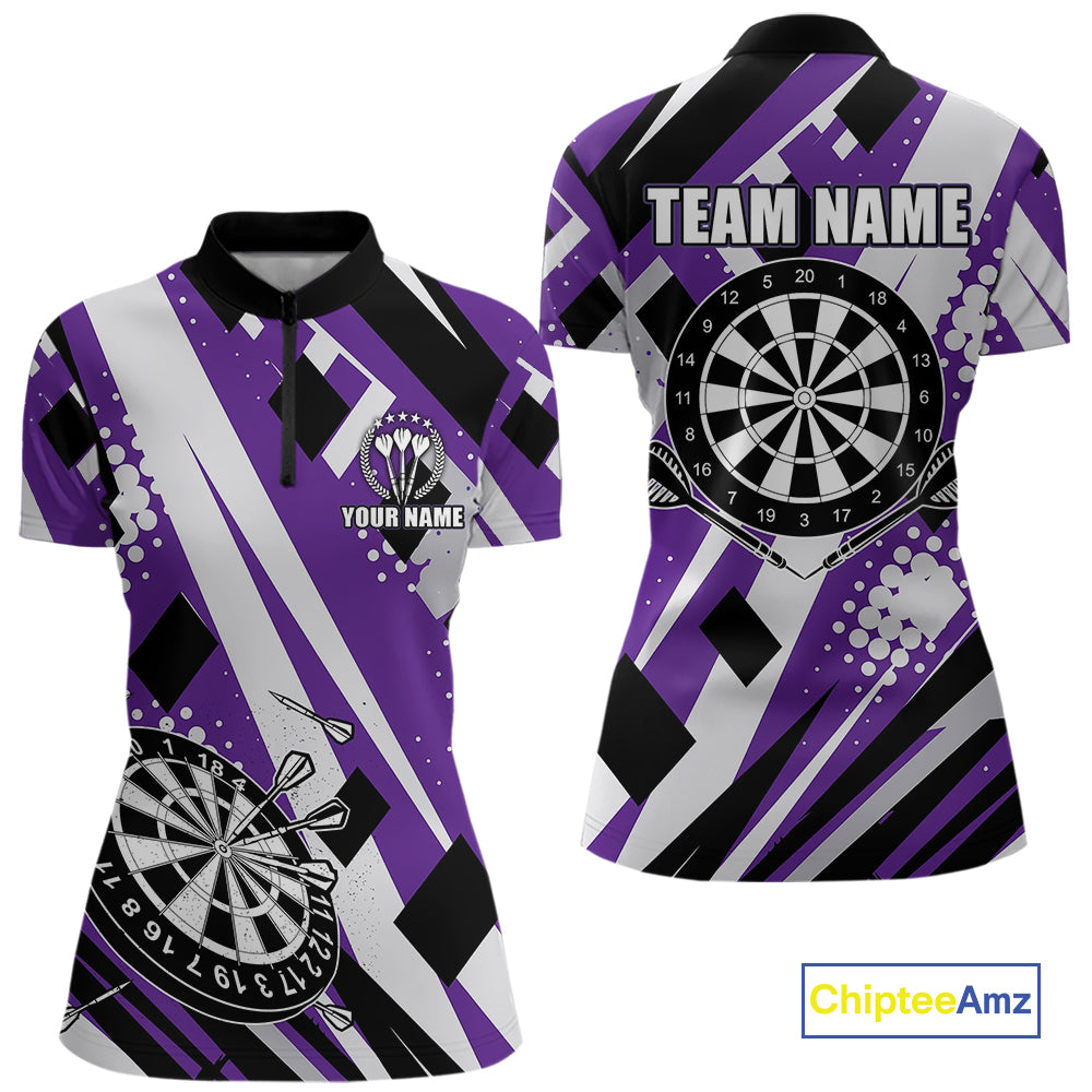 Custom Purple Geometric Darts Polo & Quarter Zip For Women, Darts Team Jersey Outfit TDM5025
