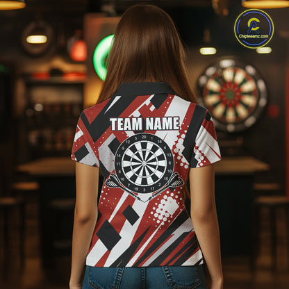 Custom Red Geometric Darts Polo & Quarter Zip For Women, Personalized Darts Team Jersey Outfit TDM5026