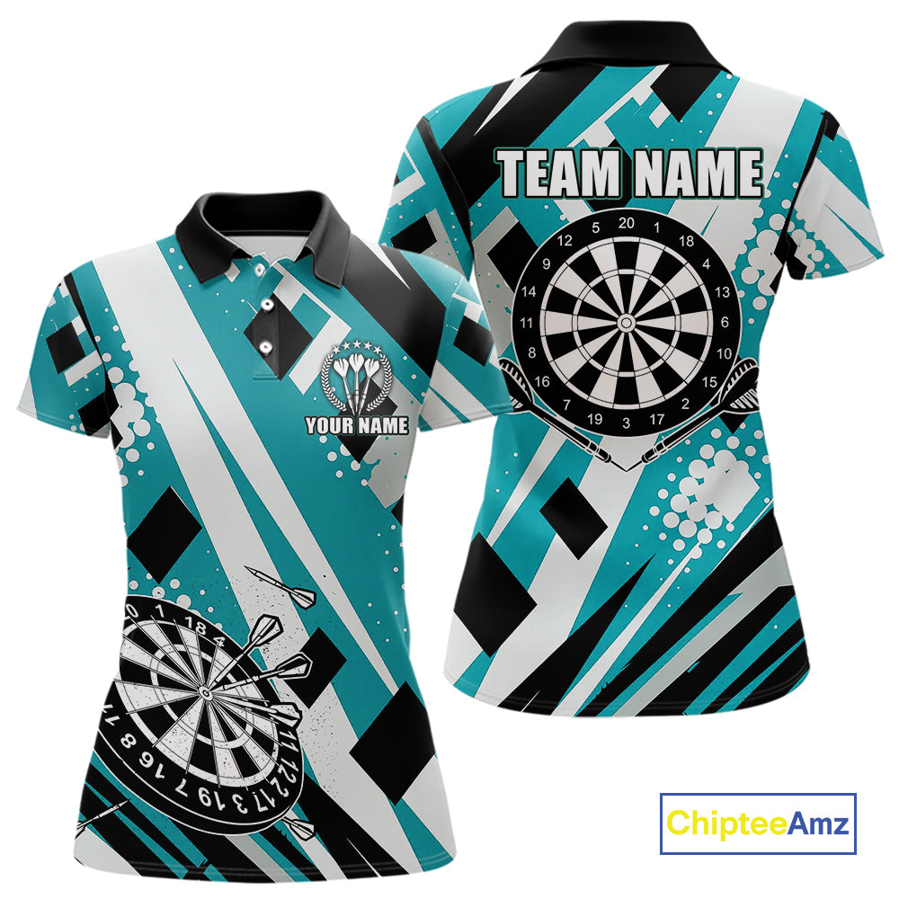 Custom Turquoise Geometric Darts Polo & Quarter Zip For Women, Darts Team Jersey Outfit TDM5027