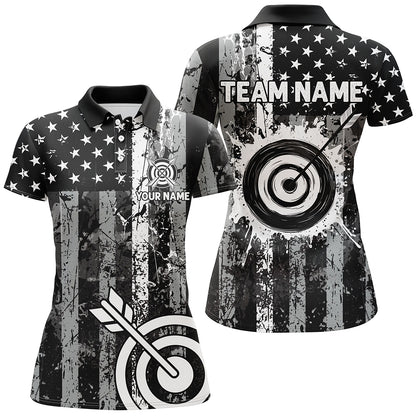Custom Black Grunge USA Flag Archery Shirts For Women, Patriotic American Archery Team Jerseys TDM3242