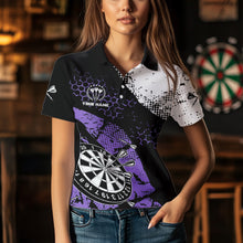 Load image into Gallery viewer, Black Purple Grunge Darts Polo, 1/4 Zip Custom Women Dart Shirt Dart Jersey TDM3593