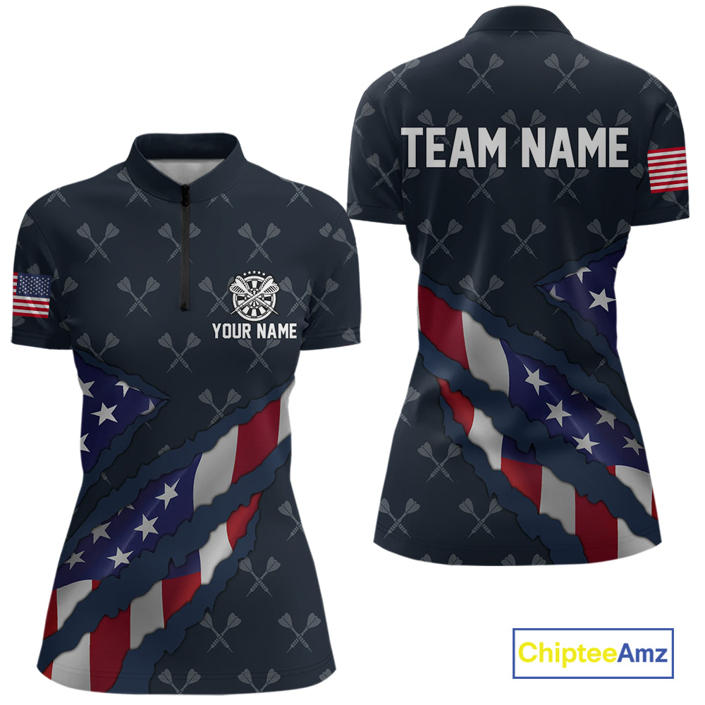Navy Blue American Flag Darts Shirt For Women Custom Darts Polo & 1/4 Zip, Patriotic Darts Jersey TDM5954