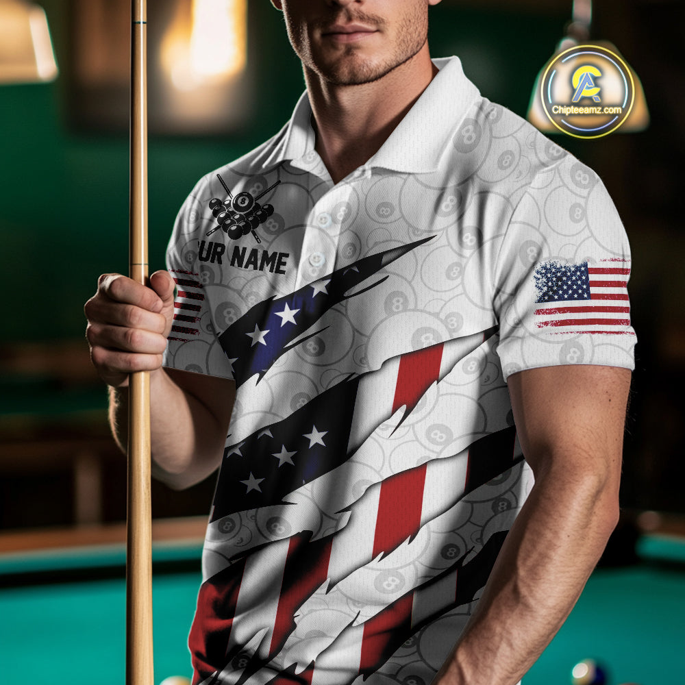 Personalized American Flag Billiard Shirts For Men, Patriotic 8 Ball Pool Team Jersey | White TDM4026