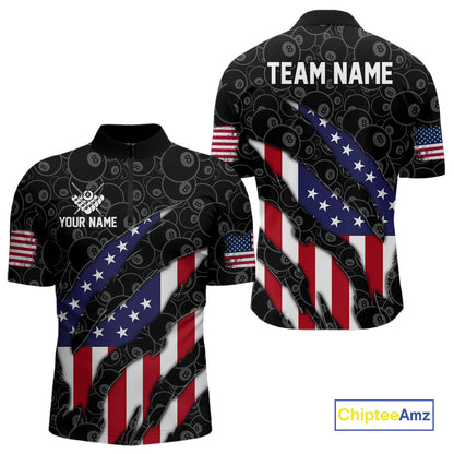 Personalized American Flag Billiard Shirts For Men, Patriotic 8 Ball Pool Team Jersey | Black TDM4027