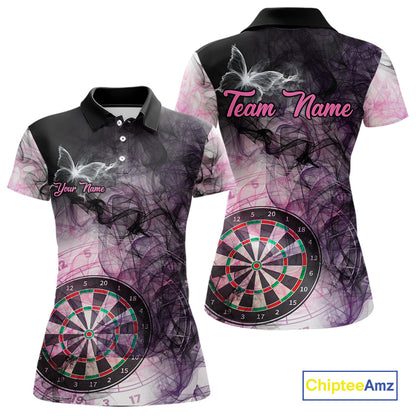 Pink butterfly smoke darts polo shirt for women with custom darts team graphics.