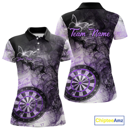 Purple butterfly smoke darts polo shirt for women with custom darts team graphics.