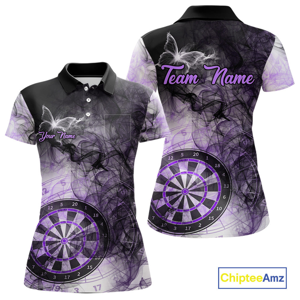 Purple butterfly smoke darts polo shirt with left chest pocket for women featuring custom darts team graphics.