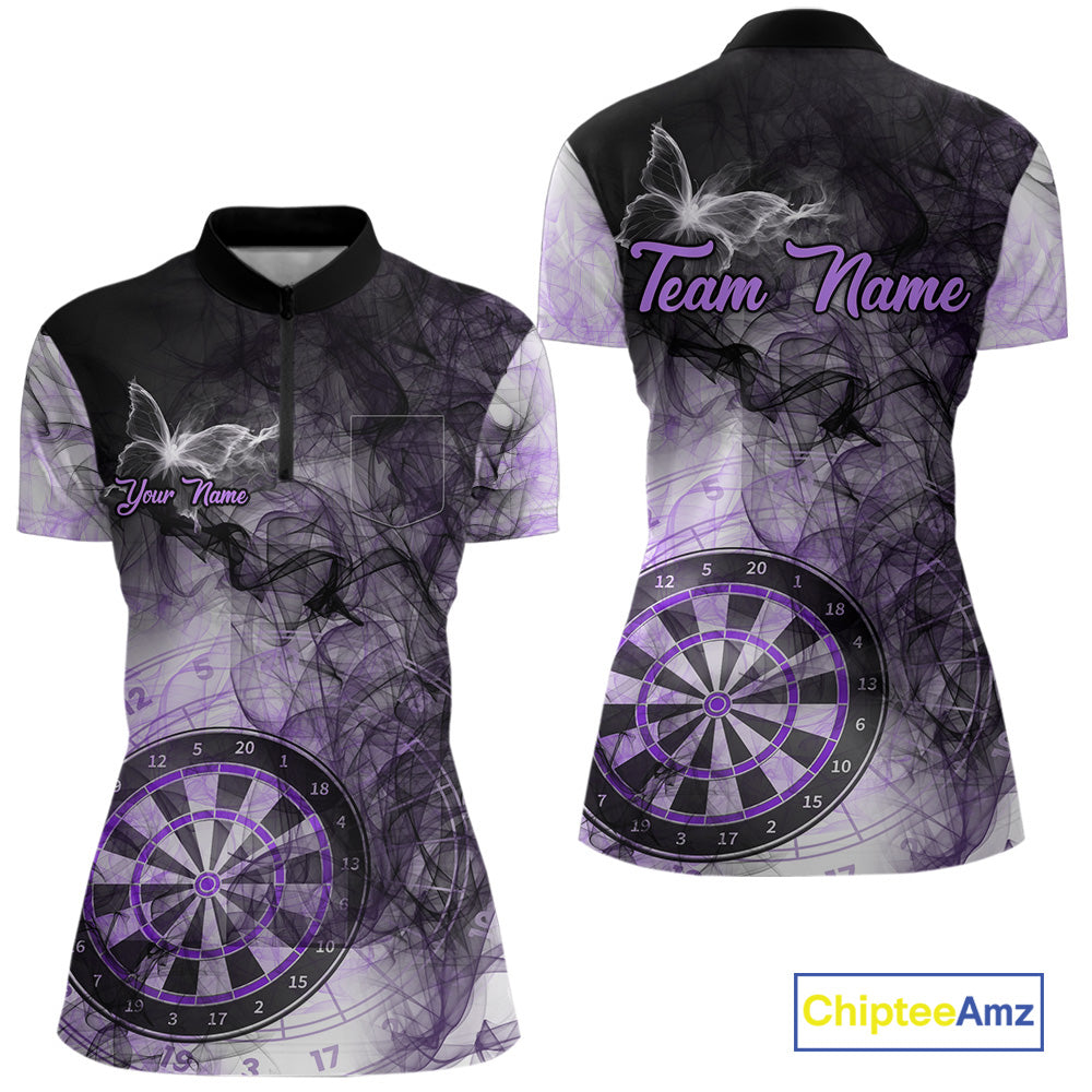 Purple butterfly smoke darts quarter zip shirt with left chest pocket for women featuring custom darts team graphics.
