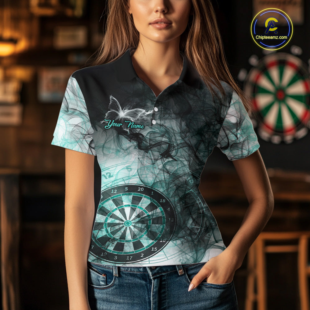 Woman wearing a turquoise butterfly smoke darts jersey front view.