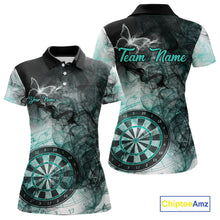 Load image into Gallery viewer, Turquoise butterfly smoke darts polo shirt with left chest pocket for women featuring custom darts team graphics.