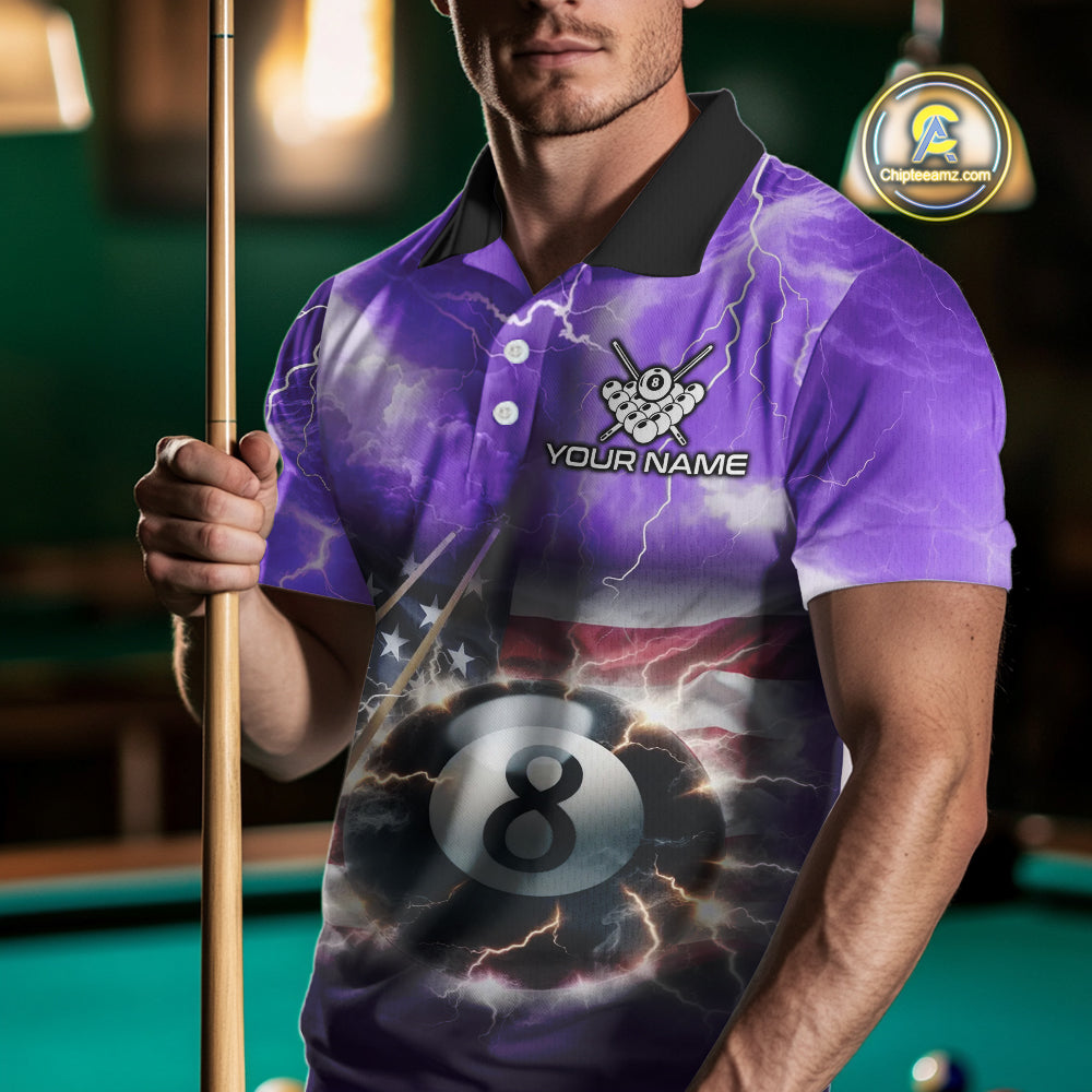Purple American Flag Thunder Lightning 8 Ball Billiard Shirt For Men Custom Pool Team Jersey TDM4611