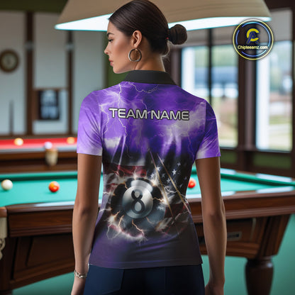 Purple American Flag Thunder Lightning 8 Ball Billiard Shirt For Women Custom Pool Team Jersey TDM4611