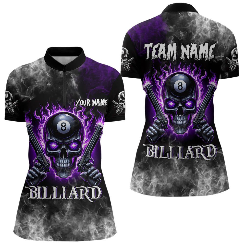 Personalized Purple 8 Ball Fire Flame Gun Skull Smoke Billiard Shirt For Women, Cool Billiard Jersey TDM3604