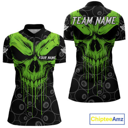 Personalized Skull 8 Ball Billiard Shirt For Women Custom Pool Team Jersey Polo & 1/4 Zip |Green TDM6361