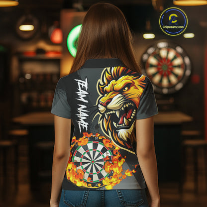 Funny Darts Flame Lion Custom Polo & Quarter-Zip, Personalized Women Dart Shirts Dart Jerseys TDM4033