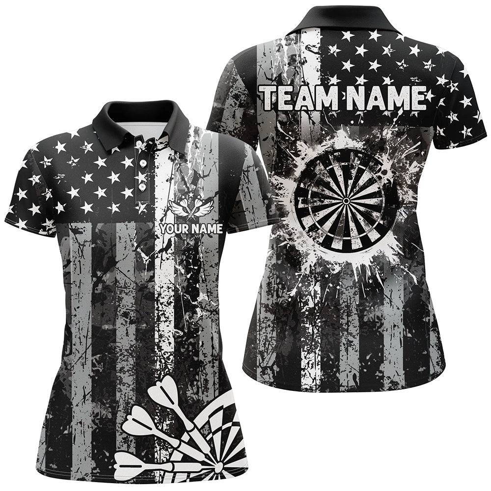 Custom Black Grunge US Flag Patriotic Darts Shirt For Women, Retro Darts Board Darts Team Jerseys TDM2273