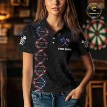Load image into Gallery viewer, Custom Women's Black Grunge DNA American Flag Smoke Darts Shirt, Patriotic Dart Jersey Polo, 1/4 Zip TDM4628