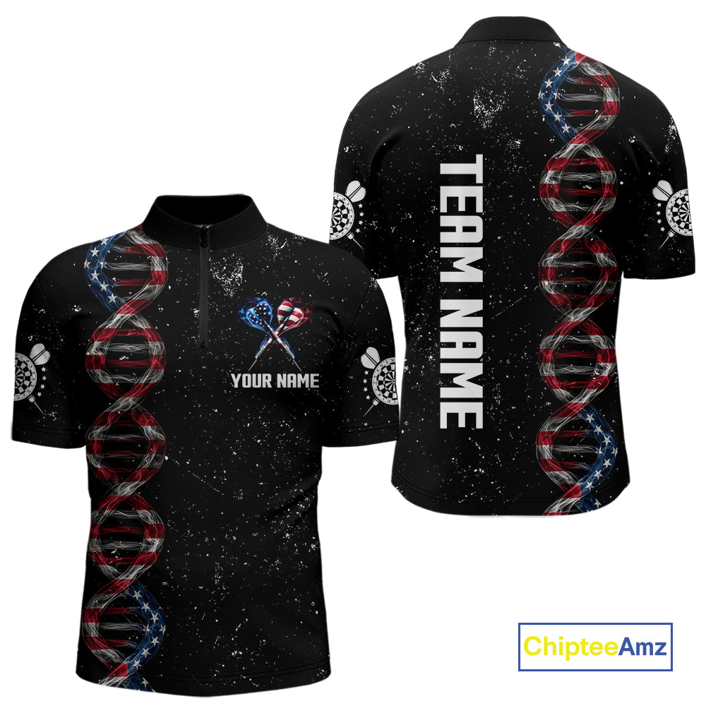 Custom Men's Black Grunge DNA American Flag Smoke Darts Shirt, Patriotic Dart Jersey Polo, 1/4 Zip TDM4628
