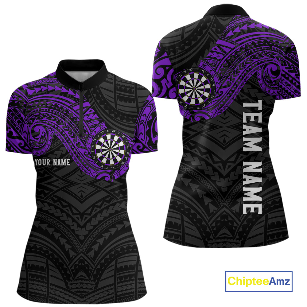 Personalized Black And Purple Tribal Darts Shirt For Women Custom Darts Jersey Team Polo & 1/4 Zip TDM4825