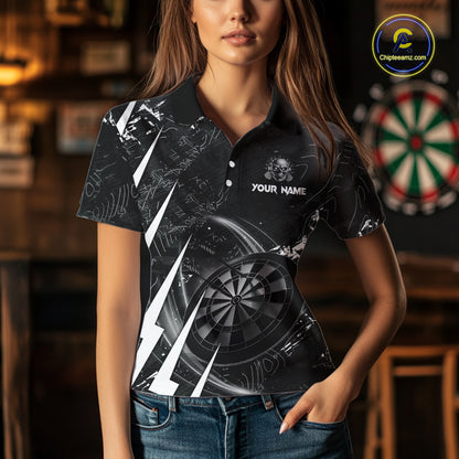 White Black 3D Skull Darts Polo & 1/4 Zip For Women Custom Darts League Team Jersey, Best Darts Gift TDM4828