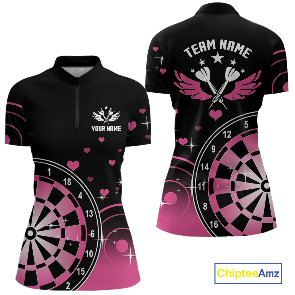 Pink And Black Darts Wings Polo & Quarter Zip Custom Darts Shirt For Women, Valentine Darts Gifts TDM5765
