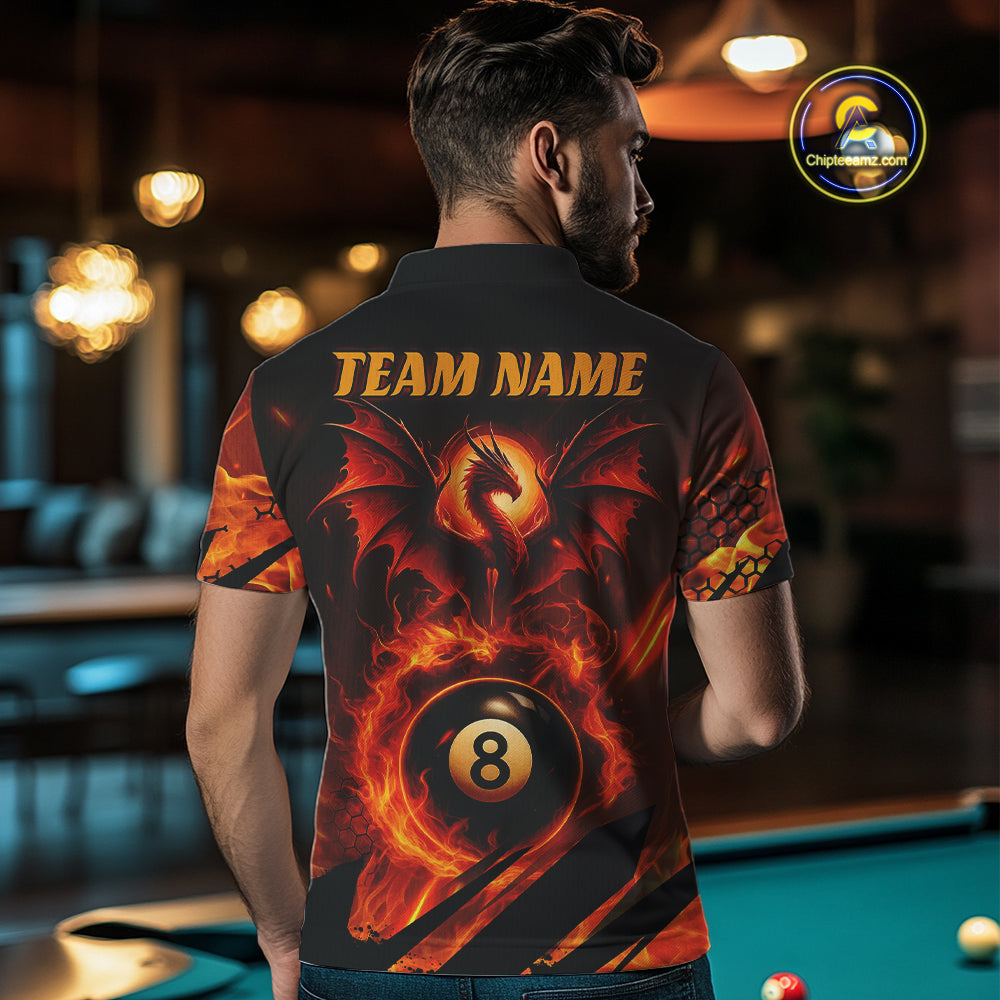 Personalized Orange Flame Dragon 8 Ball Billiard Shirt For Men, Pool Team Jersey Polo & 1/4 Zip TDM4399