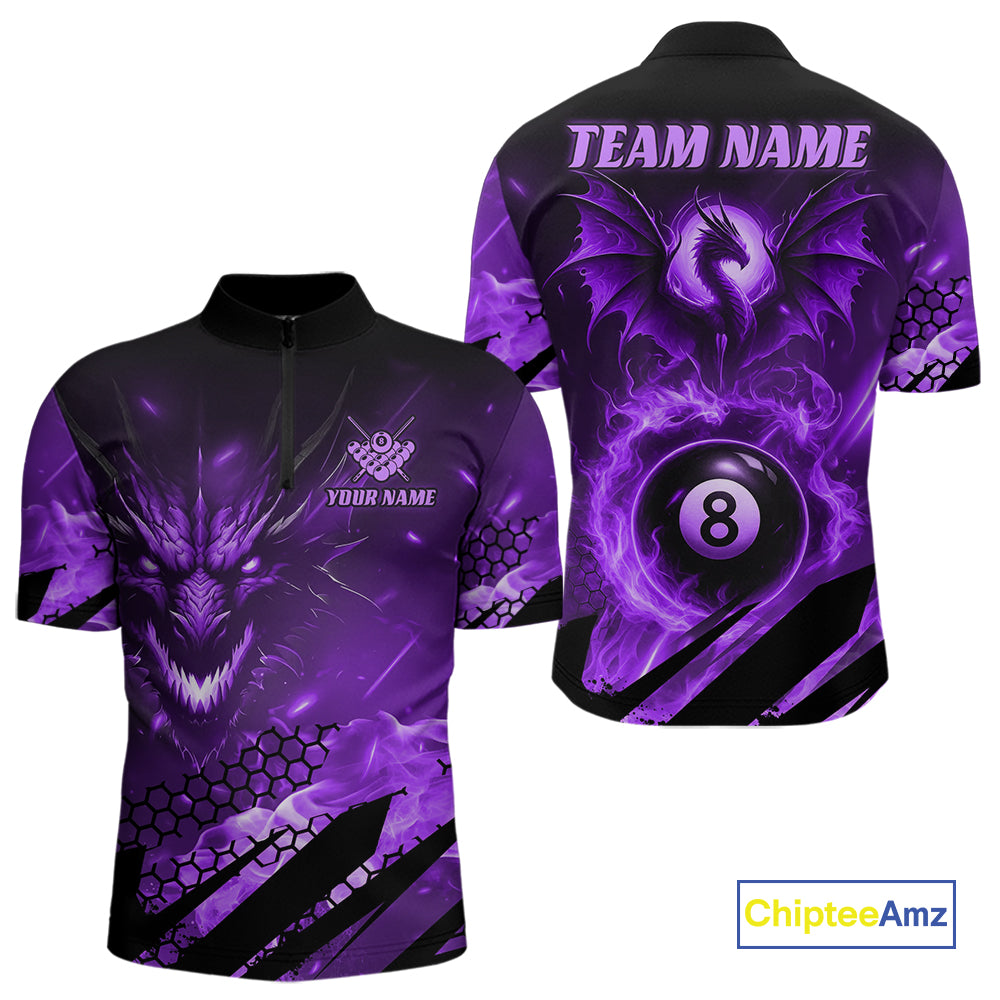 Personalized Purple Flame Dragon 8 Ball Billiard Shirt For Men, Pool Team Jersey Polo & 1/4 Zip TDM4401