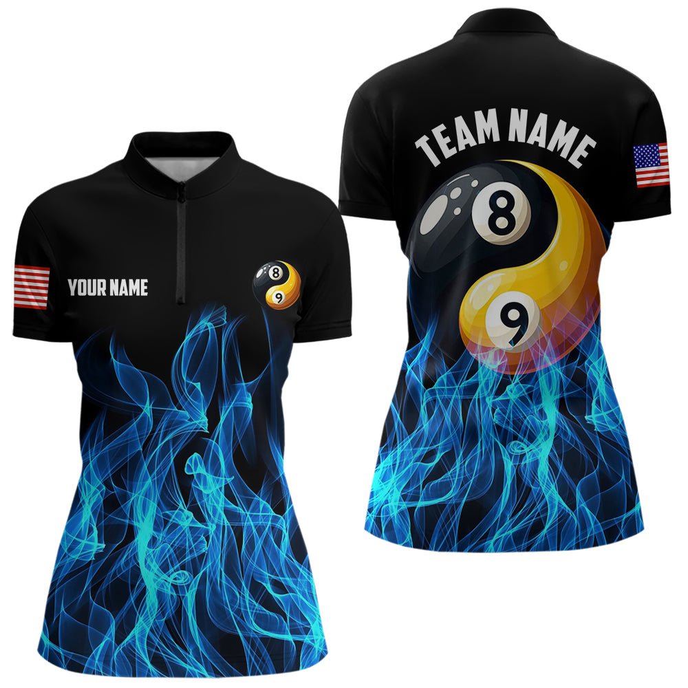 Blue Flaming Ying And Yang 8 Ball & 9 Ball Billiard Shirts For Women Custom Pool Billiard Jerseys TDM3617