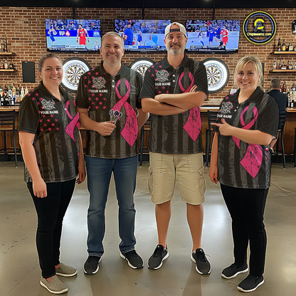 Custom Pink Ribbon Wings Darts Shirt For Men, US Flag Breast Cancer Darts Jersey Polo & 1/4 Zip TDM6377