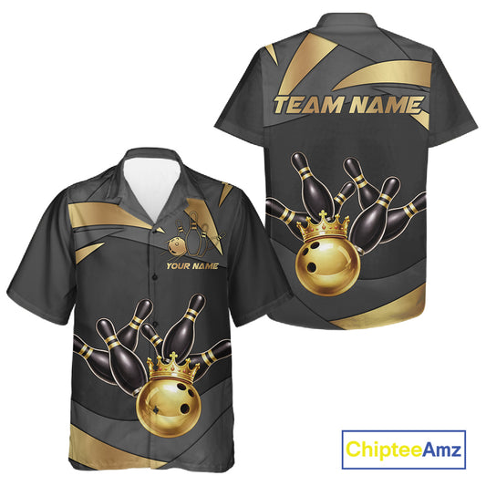 Black And Gold Hawaiian Bowling Shirt For Women Custom Crown Bowling Jersey, Bowling League Shirt TDM6379
