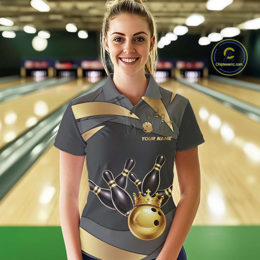 Black And Gold Bowling Shirt For Women Custom Crown Bowling Jersey, Bowling League Polo & 1/4 Zip TDM6379