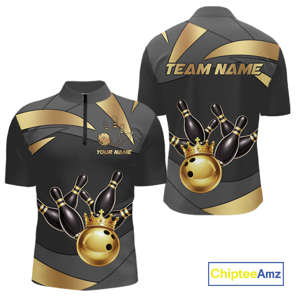 Black And Gold Bowling Shirt For Men Custom Crown Bowling Jersey, Bowling League Polo & 1/4 Zip TDM6379