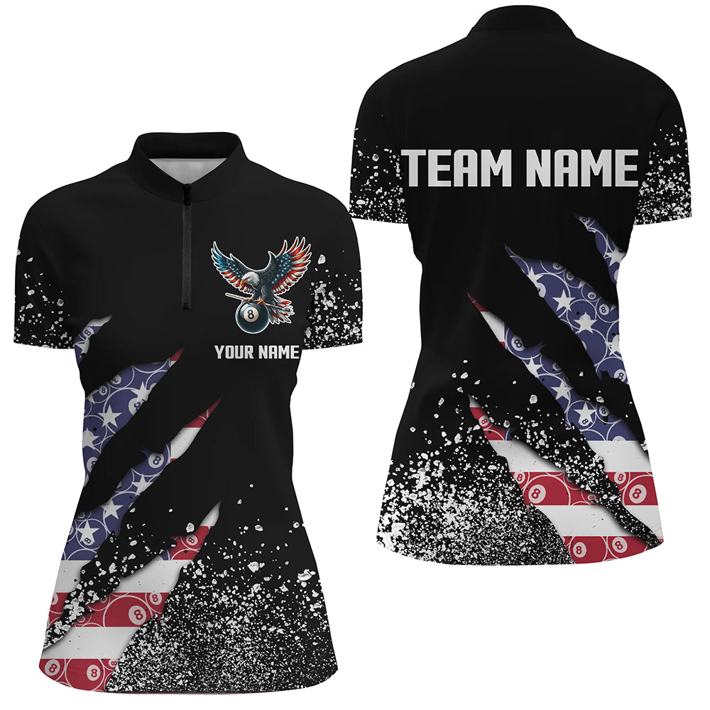 Custom Ball 8 US Flag Black Grunge Women Billiard Polo & Quarter-Zip Shirt Best Billiard Team Jersey TDM1649