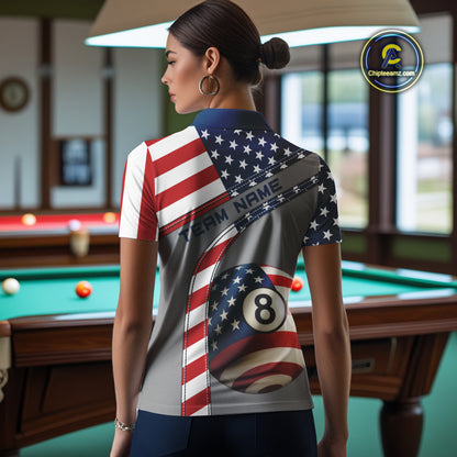 Custom Women's 8 Ball Billiard Shirts, American Flag Polo & 1/4 Zip Patriotic Pool Team Jerseys TDM4055