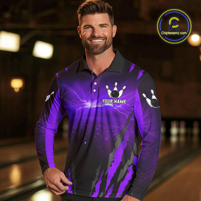 Personalized Purple Thunder Lightning Cobra Snake Bowling Shirts For Men, Bowling Team Jersey TDM4645