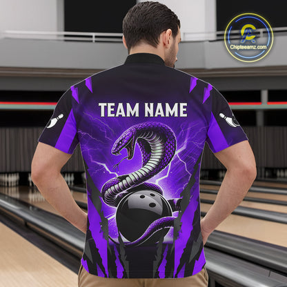 Personalized Purple Thunder Lightning Cobra Snake Bowling Shirts For Men, Bowling Team Jersey TDM4645