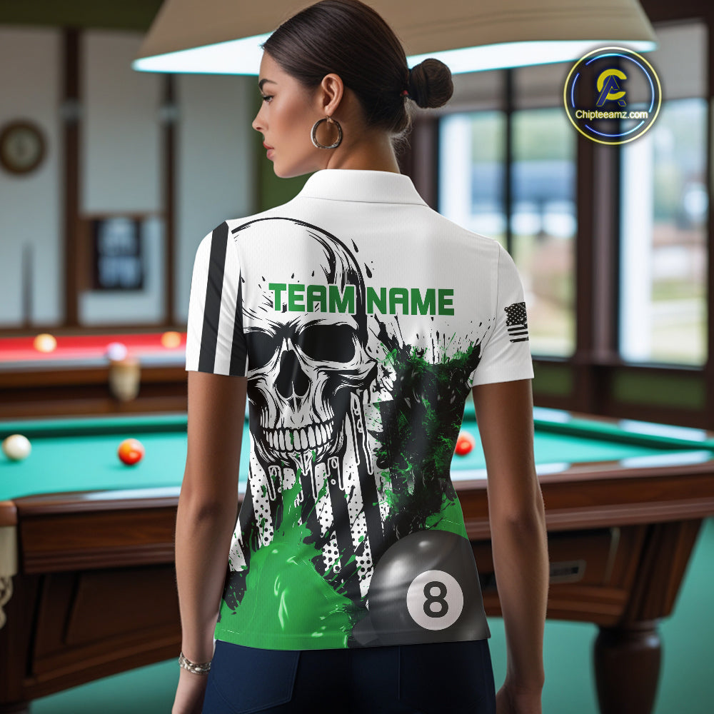 Personalized Green Grunge Skull Billiards Shirts For Women Custom Retro Billiard Team Jerseys Attire TDM4650