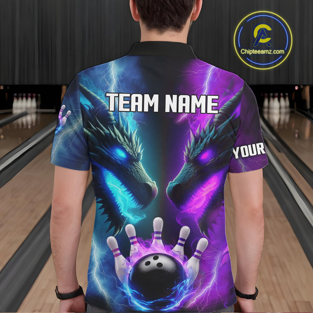 Custom Blue Purple Fire Dragon Bowling Jersey For Men Custom Lightning Bowling Shirt Polo, 1/4 Zip TDM6150