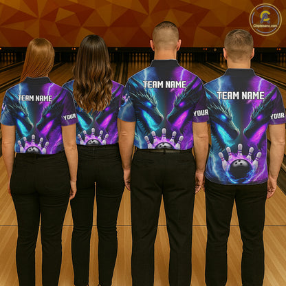 Custom Blue Purple Fire Dragon Bowling Jersey For Women Custom Lightning Bowling Shirt Polo, 1/4 Zip TDM6150